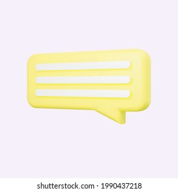 Yellow 3d bubble talk isolated on gray background. Glossy yellow speech bubble, dialogue, messenger shape. 3D render vector icon for social media or website