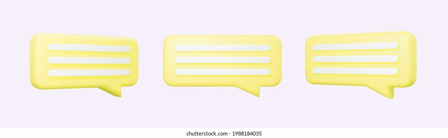 Las conversaciones de burbuja amarilla en 3d se aislaron en un fondo gris. Burbujas de habla amarillas brillantes, diálogo, formas de mensajería. Iconos vectoriales de representación 3D para medios sociales o sitio web