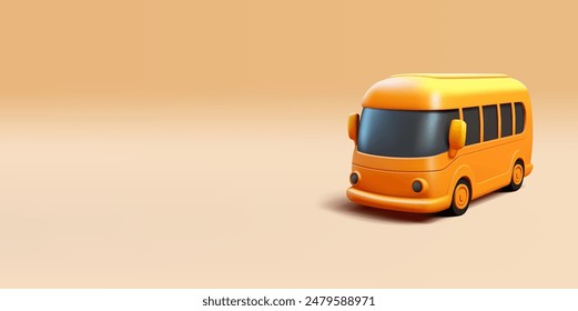 Yellow 3D bus. Banner for design concepts of public transport, school bus, travel, and intercity transportation. Vector