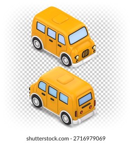 Yellow 3D cartoon bus in isometric view. Front and rear views. Vector illustration isolated on a white background.