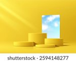 Yellow 3D cylindrical podium background with blue sky in square mirror. Studio room. Minimalist mockup pedestal. Abstract stand product display presentation. Stage for showcase. Vector platform design