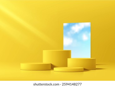 Yellow 3D cylindrical podium background with blue sky in square mirror. Studio room. Minimalist mockup pedestal. Abstract stand product display presentation. Stage for showcase. Vector platform design
