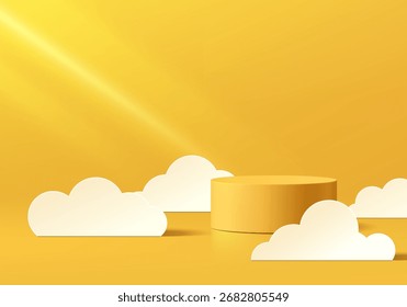 Fondo cilíndrico amarillo del podio 3D con la escena blanca de la pared del estilo del corte del papel de nube. Pedestal de maqueta minimalista. Exhibición Abstractas del producto de los soportes, escaparate del escenario. Diseño de Vector de plataformas.