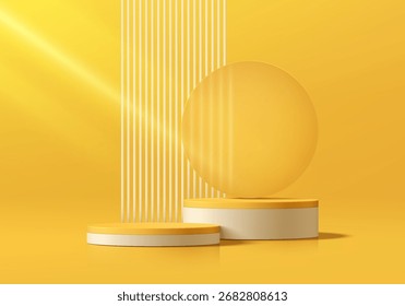 Fundo de pódio cilíndrico 3D amarelo com vidro redondo, cena de parede de listras verticais. Pedestal de maquete minimalista, apresentação abstrata da exposição do produto do suporte, vitrine do palco. Design vetorial de plataformas.