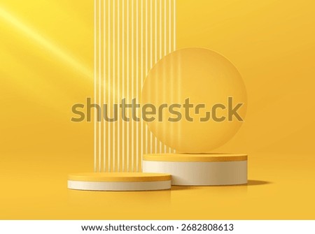 Yellow 3D cylindrical podium background with round glass, Vertical stripes wall scene. Minimalist mockup pedestal, Abstract stand product display presentation, Stage showcase. Platforms vector design.