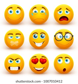 Yellow 3d emoticons vector set. Funny smiley face icons with different expressions. Cartoon character smile face, expression happiness illustration