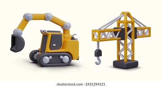 Yellow 3D excavator, construction crane with hook. Heavy construction equipment, special machinery