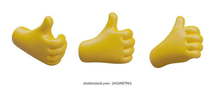 Mano 3D amarilla que muestra el pulgar hacia arriba. Clásico gesto de acuerdo, reconocimiento. Buena elección. Plantillas vectoriales, con aspecto recto y inclinado para un diseño realista