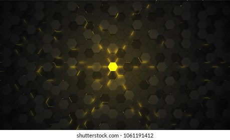 Yellow 3D hexagon tech background, vector illustration