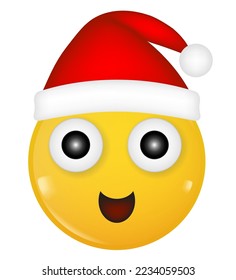 Yellow 3d icon of a smiling face. Christmas hat. Happy New Year