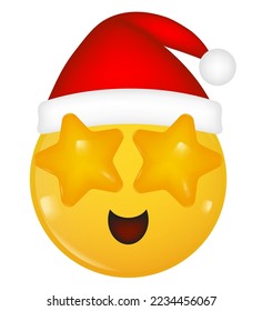 Yellow 3d icon of a smiling face. Christmas hat. Happy New Year. Starry eyed face. Stars in the eyes