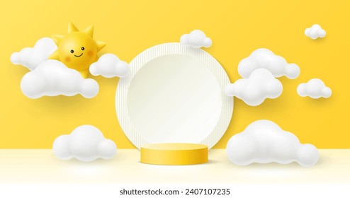 Yellow 3D kid podium stage with sun character and white clouds for baby products display, vector background. Kids podium stand with happy summer sun with funny face, platform cylinder and dream clouds