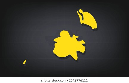 Mapa 3D amarelo de Antígua Barbuda sobre um fundo escuro, exibindo forma geográfica e bordas para uso educacional e informativo