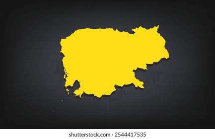 Yellow 3D Map of cambodia on a Dark Background, Displaying Geographical Shape and Borders for Educational and Informational Use