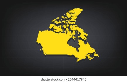 Yellow 3D Map of canada on a Dark Background, Displaying Geographical Shape and Borders for Educational and Informational Use