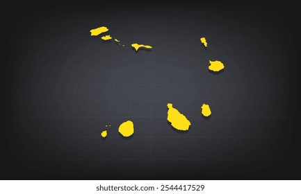 Yellow 3D Map of cape Verde on a Dark Background, Displaying Geographical Shape and Borders for Educational and Informational Use