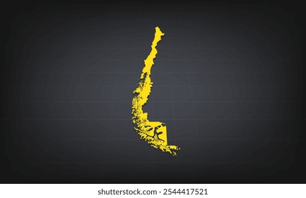 Mapa 3D amarelo do Chile sobre um fundo escuro, exibindo forma geográfica e bordas para uso educacional e informativo