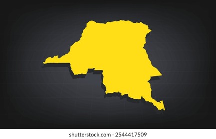 Yellow 3D Map of congo DR on a Dark Background, Displaying Geographical Shape and Borders for Educational and Informational Use