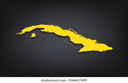 Yellow 3D Map of cuba on a Dark Background, Displaying Geographical Shape and Borders for Educational and Informational Use
