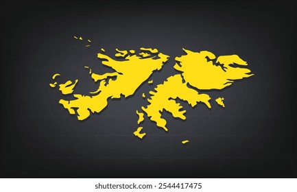 Yellow 3D Map of falkland Islands on a Dark Background, Displaying Geographical Shape and Borders for Educational and Informational Use