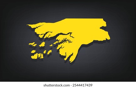 Mapa 3D amarillo de Guinea Bissau sobre un fondo oscuro, mostrando la forma geográfica y las fronteras para uso educativo e informativo