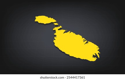 Yellow 3D Map of malta on a Dark Background, Displaying Geographical Shape and Borders for Educational and Informational Use