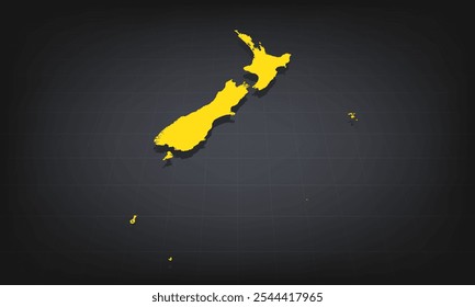 Yellow 3D Map of new Zealand on a Dark Background, Displaying Geographical Shape and Borders for Educational and Informational Use