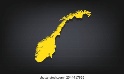 Mapa 3D amarillo de Noruega sobre un fondo oscuro, mostrando la forma geográfica y las fronteras para uso educativo e informativo