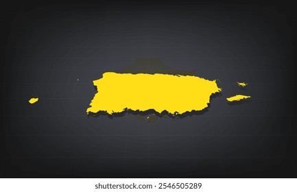 Mapa 3D amarelo de Porto Rico sobre um fundo escuro, exibindo a forma geográfica e bordas para uso educacional e informativo