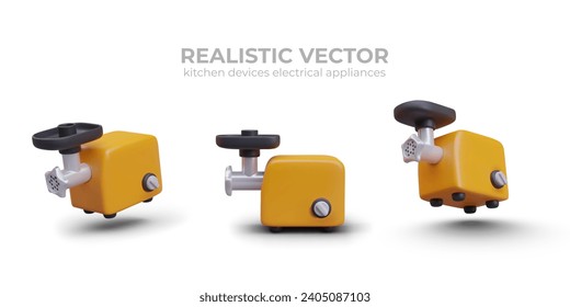 Yellow 3D meat grinder, front and side view. Kitchen equipment for preparing minced meat. Modern electrical device for home. Professional equipment for chef. Set of images