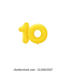 Yellow 3D Number 10 Balloon Realistic 3d Helium Yellow Balloons. Vector Illustration Design Party Decoration, Birthday,Anniversary,Christmas, Xmas,New Year,Holiday Sale,celebration,carnival