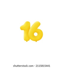 Yellow 3D number 16 balloon realistic 3d helium Yellow balloons. Vector illustration design Party decoration, Birthday,Anniversary,Christmas, Xmas,New year,Holiday Sale,celebration,carnival