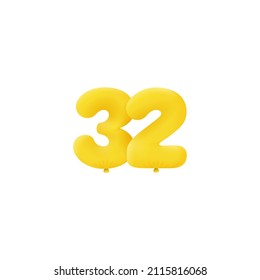 Globos amarillos 3D número 32 realistas de helio 3d Globos amarillos. Diseño de ilustración vectorial Decoración de fiestas, cumpleaños, aniversario, Navidad, Navidad, Año Nuevo, Venta de vacaciones, celebración, carnaval