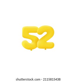 Yellow 3D number 52 balloon realistic 3d helium Yellow balloons. Vector illustration design Party decoration, Birthday,Anniversary,Christmas, Xmas,New year,Holiday Sale,celebration,carnival