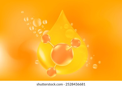 Mistura de gota de óleo 3d amarelo ou molécula de gota de colágeno, com partículas líquidas de ouro, padrão de bolhas. Ácido hialurônico, fórmula química, fundo laranja com espaço de cópia. Tratamento de beleza