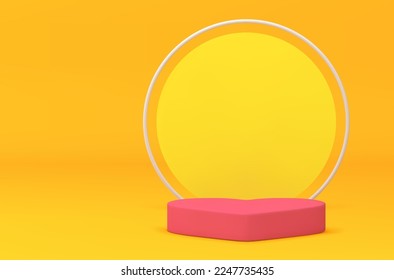 Yellow 3d pedestal pink heart romantic wedding stage love holiday celebration realistic vector illustration. Bright podium construction festive congratulations Valentine romance date basic foundation