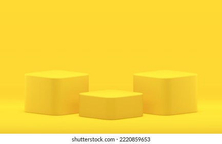 Yellow 3d pedestal three cubes platform competition award arena realistic vector illustration. Squared podium exhibition gallery platform geometric foundation premium studio background design