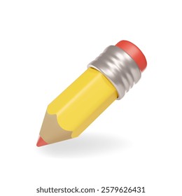 Yellow 3d pencil. Embedded red eraser, Tool for drawing writing working. Office school symbol. Makin notes Stationery tool with sharpened lead. Vector isolated icon