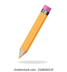 Yellow 3d pencil with Eraser. Volumetric wooden object for writing and drawing. Stationery tool. Realistic icon vector illustration isolated on white background.