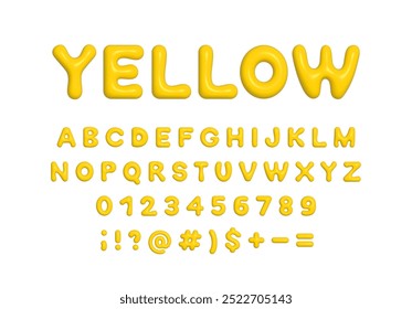 Yellow 3d plastic balloon alphabet, symbols and numbers. Shiny inflated Y2K font ABC vector isolated