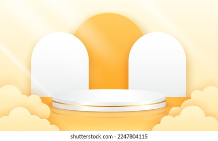 Yellow 3D Podium. Blank scene background with paper cut style. Blank podium, suitable for product presentation, mock up, show product, stage pedestal or platform. 3D Vector