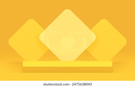 Yellow 3d podium scene with rhombus wall background for show realistic vector illustration. Mock up for product commercial presentation pedestal geometric shapes interior empty showroom stand space