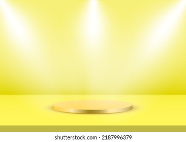 Yellow 3D podium showing 3-way spotlights .background The golden podium shows off the products that make them attractive and elegant.