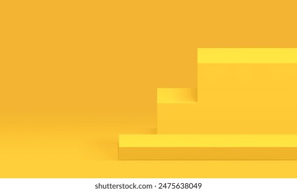 Escalera de podio 3d amarillo paso pedestal para la presentación de Ilustración vectorial realista. Publicidad escalera plataforma geométrica Formas promocionales espacio interior de la habitación para la venta de compras