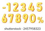 Yellow 3D realistic numbers. Voluminous inflated numbers, discount percentages 0,1, 2, 3,4, 5, 6, 7, 8, 9. Vector illustration