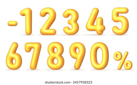 Yellow 3D realistic numbers. Voluminous inflated numbers, discount percentages 0,1, 2, 3,4, 5, 6, 7, 8, 9. Vector illustration