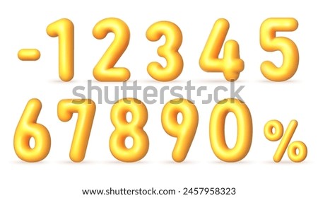 Yellow 3D realistic numbers. Voluminous inflated numbers, discount percentages 0,1, 2, 3,4, 5, 6, 7, 8, 9. Vector illustration