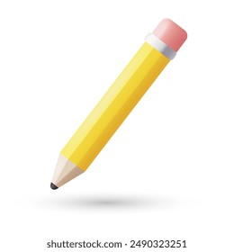 Yellow 3D Realistic Pencil. Icon Isolated on White Background. Vector Illustration.