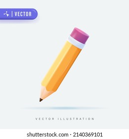 Yellow 3D Realistic Pencil. Volumetric wooden object for writing and drawing. Vector short yellow pencil, Realistic pencil isolated cartoon with rubber eraser. Vector isolated icon