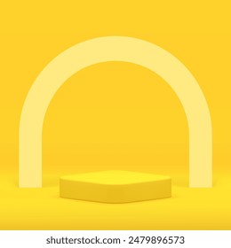 Yellow 3d rhombus podium pedestal with arch wall background realistic vector illustration. Minimalist trendy vivid advertising stage commercial geometric display for shopping sale presentation